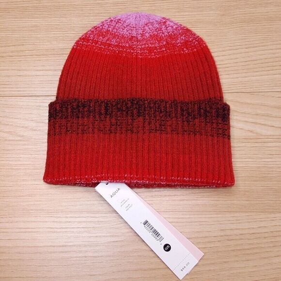 AQUA Beanie Hat Womens Red Ombre Stripe Ribbed Cuff Stretch $68 - Picture 2 of 5